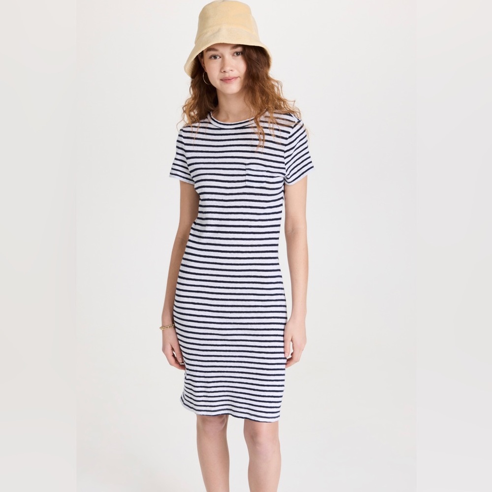 Stateside cotton linen striped dress in color new navy.